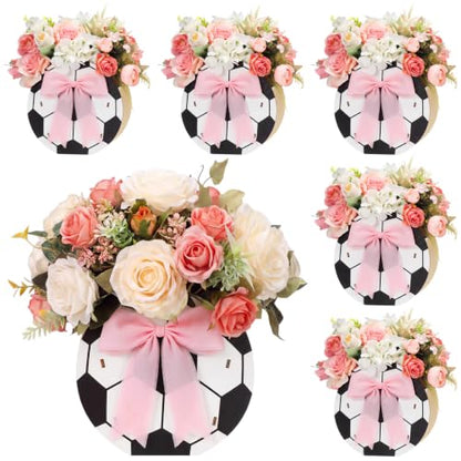 Cinnvoice 6 Pcs Wooden Soccer Centerpieces with Pink Bows, Soccer Vases - style: Bow