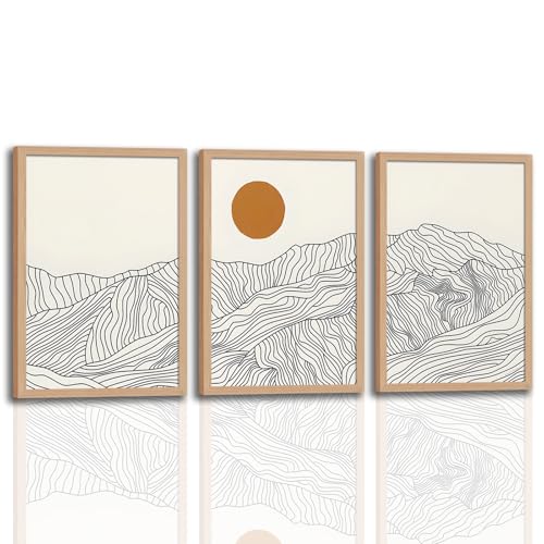 Abstract Wave Line Mountain Framed Canvas Wall Art,Boho Sun Wall Decor - color: Line Mountain, size: 16x24 Inches