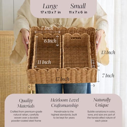 BEBE BASK Handwoven Scalloped Wicker Basket Set of 3 (17 × 13 × 7 in) - color: Mocca