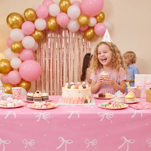 3 Pack Coquette Pink Bow Plastic Tablecloth, Pink and White Tablecloth - color: Pink Bow
