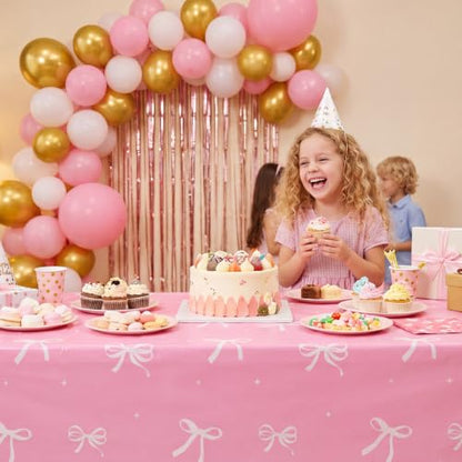 3 Pack Coquette Pink Bow Plastic Tablecloth, Pink and White Tablecloth - color: Pink Bow
