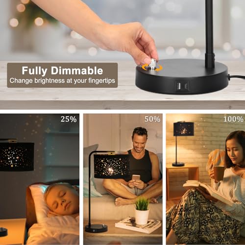 Bedside Table Lamp with USB C+A Ports, 25" Tall Fully Dimmable Side Lamp - color: Black Base with Stars Shade