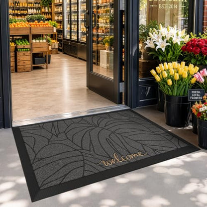 LUMI Outside Welcome Door Mat 24x36, Non-Slip Heavy Duty Dirt Trapper, Grey - color: Grey Gold Monstera, size: 24"x36"