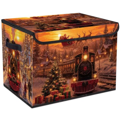 Briwooody Christmas Storage Bin with Lid and Carrying Handle Christmas Train Foldable Storage Box Large Xmas Snowy Night Decorative Collapsible Container Basket for Organizing Closet Home Bedroom - style: Christmas Train