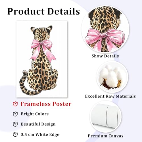 Funky Leopard Wall Art Pink Bow Picture Trendy Cheetah Wall Art Aesthetic Leopard Poster Preppy Cheetah Posters Preppy Bow Paintings Aesthetic Animal Posters for Living Room Dorm 16x24in Frameless - color: Leopard