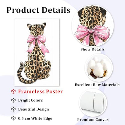 Funky Leopard Wall Art Pink Bow Picture Trendy Cheetah Wall Art Aesthetic Leopard Poster Preppy Cheetah Posters Preppy Bow Paintings Aesthetic Animal Posters for Living Room Dorm 16x24in Frameless - color: Leopard