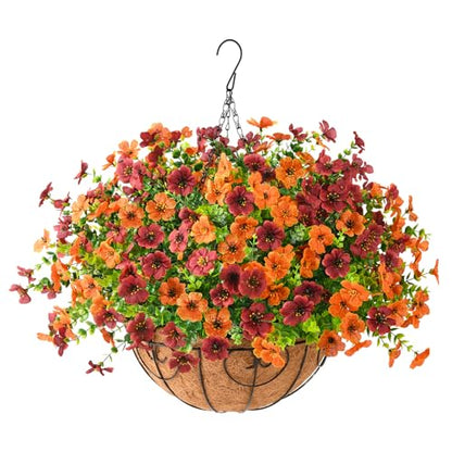 Artificial Fall Hanging Flowers Basket, UV Resistant Mums for Outdoors - color: Orange Brown