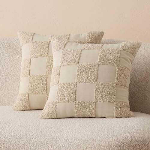 Double Stitch 100% Cotton Tufted Boho Checkered Throw Pillow Covers, Oat - color: Oat, size: 20" x 20" (Pack of 2)