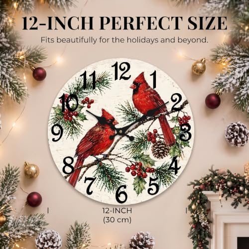 ArtSocket Round Wall Clock Silent Non-Ticking 12", Cardinal Christmas - color: Christmas Cardinal