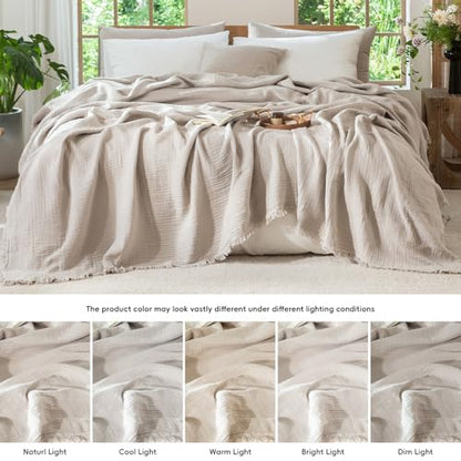 MooMee 100% Cotton Muslin Blanket, Fringed 4-Layer Gauze Bed Couch Throw - color: Cream Grey, size: Twin XL