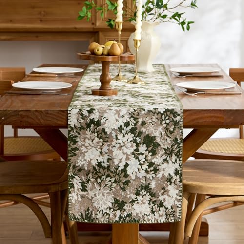 ORTIGIA Vintage Floral Fall Table Runner, Green Brown Chenille，13x48 Inch