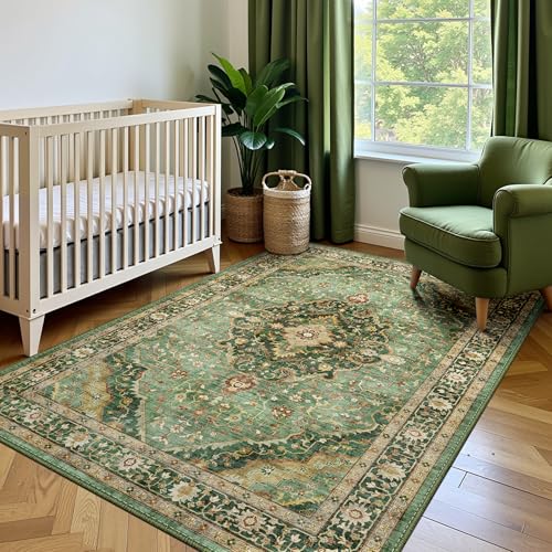 Deerly Green Rug 3x5 Area Rug with Non-Slip Backing, Washable Rugs for Bedroom Living Room Kitchen, Distressed Carpet Printed Low-Pile Soft Dorm Rug Room Decor(Border Green) - color: Border Green, size: 3'x5'