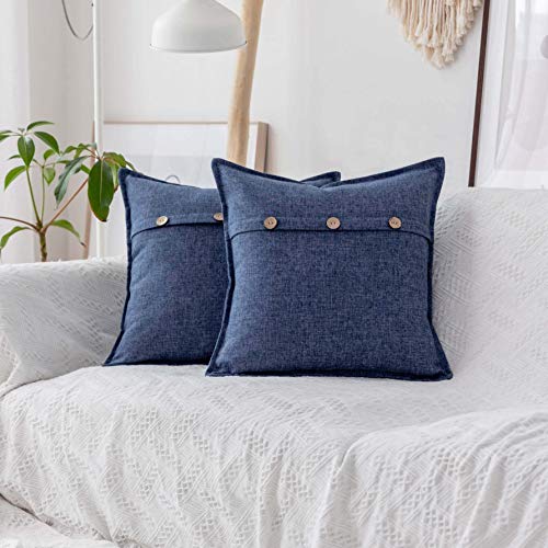 Home Brilliant Throw Pillow Covers 18 x 18 Buttons Decorative Pillow Cover Dark Blue Burlap Linen Cushion Covers Farmhouse Decoration, 18x18 inch (45cm), Set of 2, Navy Blue - color: Navy Blue, size: 18" x 18" (Pack of 2)