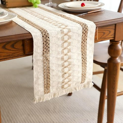 Simple&Opulence Boho Macrame Table Runner - 12 x 90 Inch, Splicing Burlap Farmhouse Cotton Table Runner with Fringed Edges for Bohemian Rustic Wedding, Bridal Shower, Dinner （Brown Pinstripe） - size: 12"x90", style: Brown Pinstripe