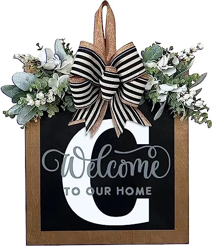 Last Name All Year Round Front Door Wreath with 26 Initial Letter Welcome Sign All Seasons Eucalyptus Garland and Bow ，Farmhouse, Porch, for Spring Summer Fall All Seasons Holiday Halloween Christmas.（C） - color: C