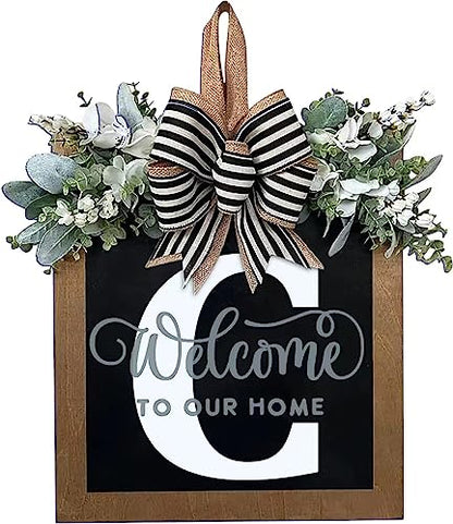 Last Name All Year Round Front Door Wreath with 26 Initial Letter Welcome Sign All Seasons Eucalyptus Garland and Bow ，Farmhouse, Porch, for Spring Summer Fall All Seasons Holiday Halloween Christmas.（C） - color: C