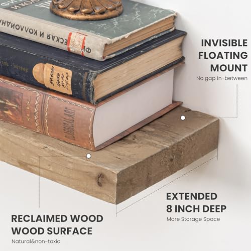 FLYJOE 60 Inch Long Wood Floating Shelf,Solid Rustic Reclaimed Barnwood Planks 8 Inch Deep Floating Wall Mounted Shelves with Invisible Heavy-Duty Metal Bracket for Living Room,Bedroom,Office,Natural - color: Distressed Natural, size: 60inches-1P