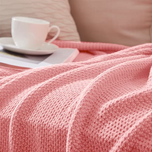 TREELY 100% Cotton Pink Knitted Throw Blanket 50"x60" - color: Pink, size: Throw(50" x 60")