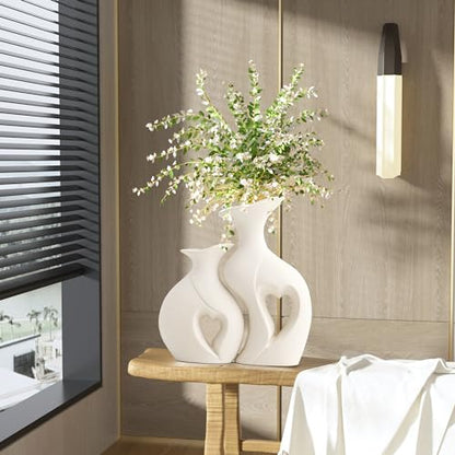 XL White Flower Vases, Nordic Heart Shaped Ceramic Set of 2 - color: XL White