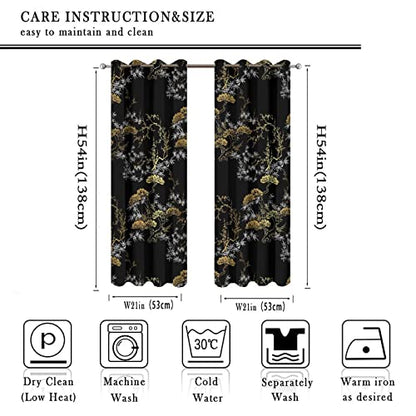 Cool Japanese Curtains,Modern Black Gold Japanese Chinese Pine Pattern Window Drapes Thermal Insulated Grommet Blackout Curtains for Bedroom 2 Panels 54L x 21W - color: Cool Japanese, size: 42"W x 54"L (Pack of 1)