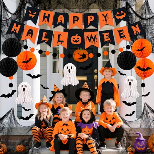 Halloween Party Decorations, 29Pcs Halloween Indoor Decorations Kit with Mantel Scarf Creepy Cloth Fabric Hanging Ghost Happy Halloweens Banner 3D Bat Stickers for Home Fireplace Wall Decor