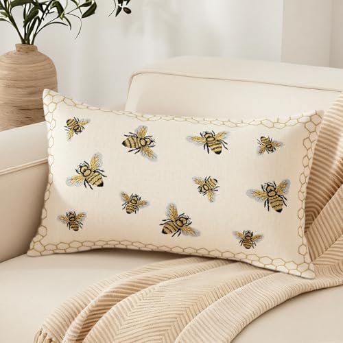 Honeycomb Throw Pillow Cover 12x 20, Gold Embroidered Bumble Lumbar Linen Pillow Cushion Case, Bee Farmhouse Home Decor for Outdoor Couch Bedroom Car - color: Gold
