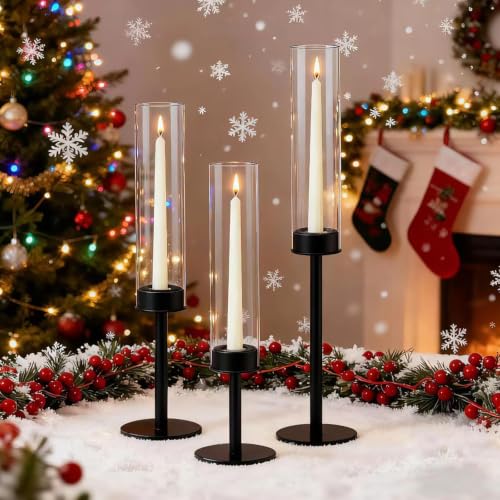 Black Taper Candle Holder Set with Glass Hurricane – Modern Candlestick Holders for Dining Room, Premium Gift Set for Wedding, Fall Centerpieces for Tables, Warmly Gift for Home Decor, Christmas Décor - color: Glass Black 3 Pieces