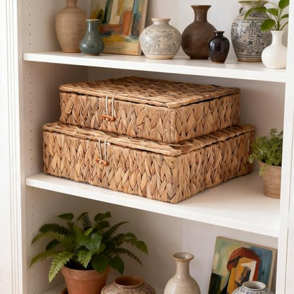 Wicker Storage Basket with Lid, Flat Water Hyacinth Baskets, Shallow Woven Basket for Shlef, Decorative Storage Boxes for Organizing