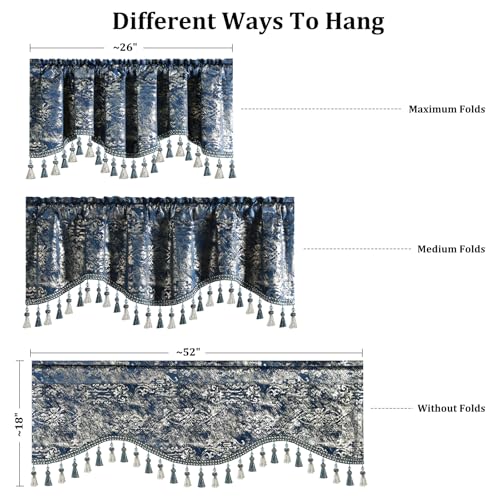 Leeva Navy Velvet Window Valance 52 x 18, 1 Panel, Floral Foil Print - color: Navy