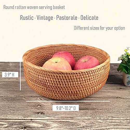 Hadewoven Round Rattan Fruit Basket Wicker Food Tray Weaving Storage Holder Dinning Room Bowl, 10 Inch Woven Bread Basket Key Bowls with 4”Wall for Table, Countertop (Large 9.8") - size: Large 9.8"
