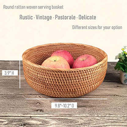 Hadewoven Round Rattan Fruit Basket Wicker Food Tray Weaving Storage Holder Dinning Room Bowl, 10 Inch Woven Bread Basket Key Bowls with 4”Wall for Table, Countertop (Large 9.8") - size: Large 9.8"