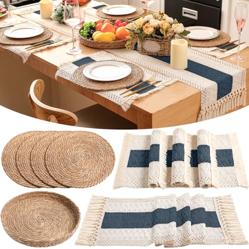 Boho Table Runner and Placemats Set, 4 Sets, Blue, 12x72 - color: Blue, size: 12x72"