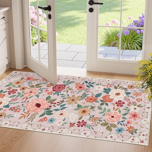 DUKINO 2x4 Entryway Rug, Floral Washable Kitchen Rugs Non Slip, Beige - color: Beige, size: 2' x 4' (Rectangular)