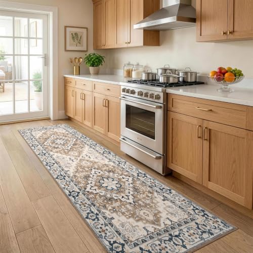 Lofus 3x8 Hallway Kitchen Washable Runner Rug, Boho Entry Long Carpet Brown - color: Floral Brown, size: 3' x 8' (Runner)