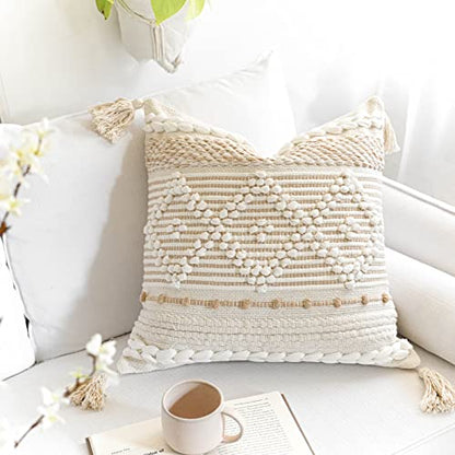 BlissBlush Cream White Boho Throw Pillow Cover 20X20, Boho Woven Textured Pillow Cover, Neutral Pillow Cover, Sofa Couch Bed Farmhouse Lumbar Pillow (Cover ONLY) - color: Cream, size: 20" x 20" (Pack of 1)
