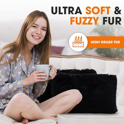 Cheer Collection Throw Pillows for Couch and Bed, Soft Shaggy Throw Pillows with Inserts Included, Cozy Long Hair Faux Fur Pillows - Set of 2-12" x 20" - Black - color: Black, size: 12" x 20"