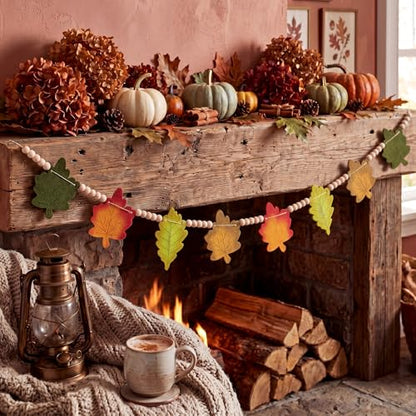 Qunclay 5.1ft Fall Wooden Leaves Garland with Bead Maple Leaves Banner