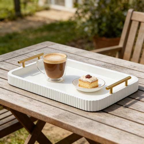 Rectangle Modern Wood Serving Tray with Metal Handles, High Gloss White Finish, 16x12 Inch Coffee Table Ottoman Tray for Storage and Display (White) - color: White