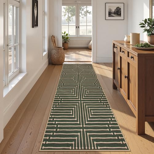 Lahome Maze Line Green Kitchen Runner Rug, 2x8 Outdoor Easy Jute Runner Rug - color: Dark Green Geometric, size: 2'6" x 8' (Runner)