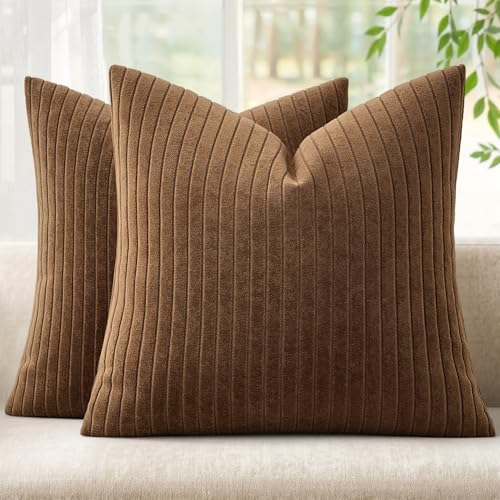 MIULEE Set of 2 Brown Textured Striped Throw Pillow Covers 18x18 Inch - color: Brown, size: 18" x 18" (Pack of 2)
