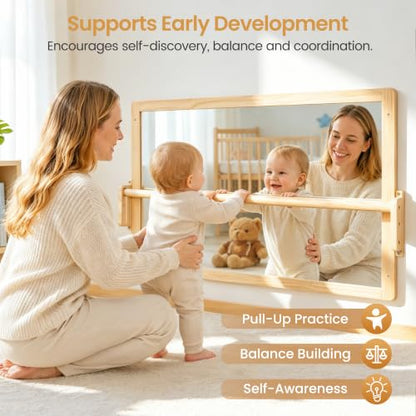 Montessori Mirror with Pull Up Bar, Large 38.2 x 23.6 in Natural Wood & Shatter-Resistant Acrylic Baby Mirror for Tummy Time, Horizontal/Vertical Floor Use, Wall Mounting and Pull-to-Stand - size: 38.2"L x 38.2"W