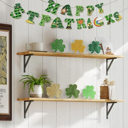 St Patricks Day Shamrocks Decorations, 6 Pack Wooden Glitter Shamrocks