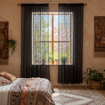 WAZZIO Boho Sheer Curtains 2 Panels,Victorian Lace Drapes,Black,W52 x L63 - color: Black, size: 52"W x 63"L (Pack of 2)