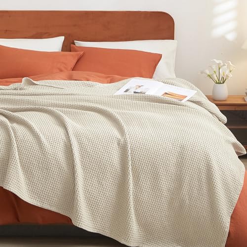 PHF 100% Cotton Waffle Blanket Lightweight Breathable, Queen Linen/Stone - color: Linen/Stone, size: Queen(90" x 90")