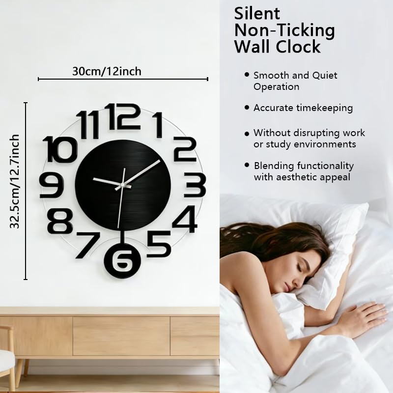 3D Numbers Modern Wall Clock with Pendulum, Silent Non-Ticking Battery Operated Decorative Wall Clock for Living Room Bedroom Kitchen Office