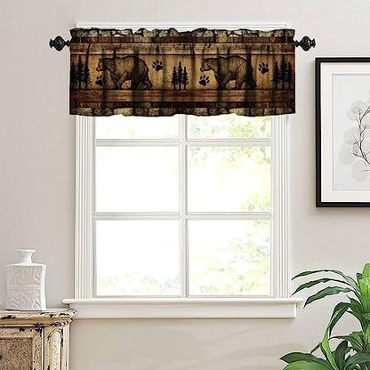 Retro Bear Curtain Valances,Rustic Woodland Wild Animal Rod Pocket Window Valance,Farmhouse Stone Wall Wooden Board Print Blackout Short Topper Curtain for Living Room Kitchen,54x18in - color: Bear-2