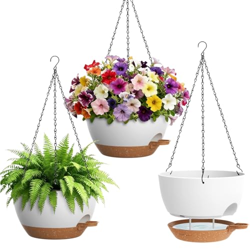 UOUZ Set of 3-10 Inch Self Watering Hanging Planters for Indoor Outdoor，Hanging Plant Pots with Drainage & Removable Tray, Hanging Pots Holder for Pothos Plant, Ferns, Balcony & Patio,White with Brown - color: White With Brown, size: 10inch-3pack