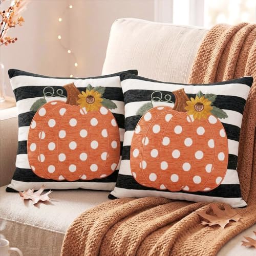 Fall Pillow Covers 18x18 Set of 2, Embroidered Orange Pumpkin - color: Black & White Stripe Pumpkin（appliqué）, size: 18" x 18" (Pack of 2)