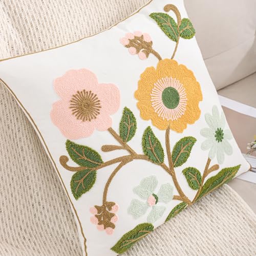 Embroidered Throw Pillow Covers 18x18 Pack of 2 Pink Yellow Flower - color: Yellow and Pink Flowers