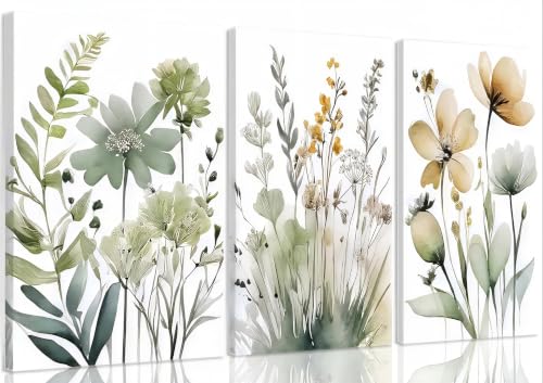Framed Sage Green Botanical Canvas Wall Art Set of 3 Boho Floral Wall Decor Paintings Minimalist Flower Posters Prints Pictures for Bedroom Bathroom Living Room Home Decor 16x24 Inch - color: green flower canvas, size: 24x16
